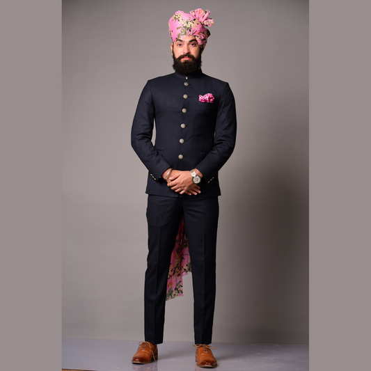 Bespoke Navy Blue Jodhpuri Bandgala Suit for Men