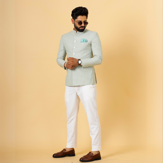 Bespoke Tea Green Linen Jodhpuri Bandhgala Suit For Men | White Trouser |