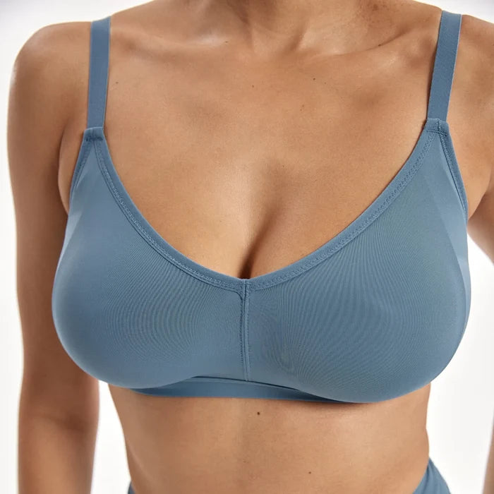 Close-up of the Bio Comfort Wirefree Bralette in slate blue on a model