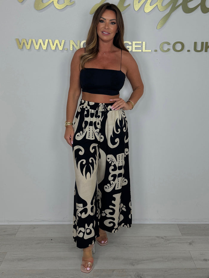 Black & Beige Printed Tie Waist Trousers