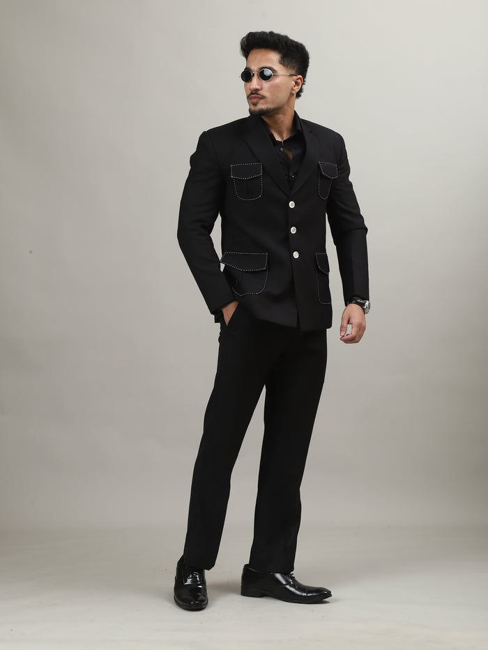 Black Celebration Blazer with Contrast Pocket Stitching