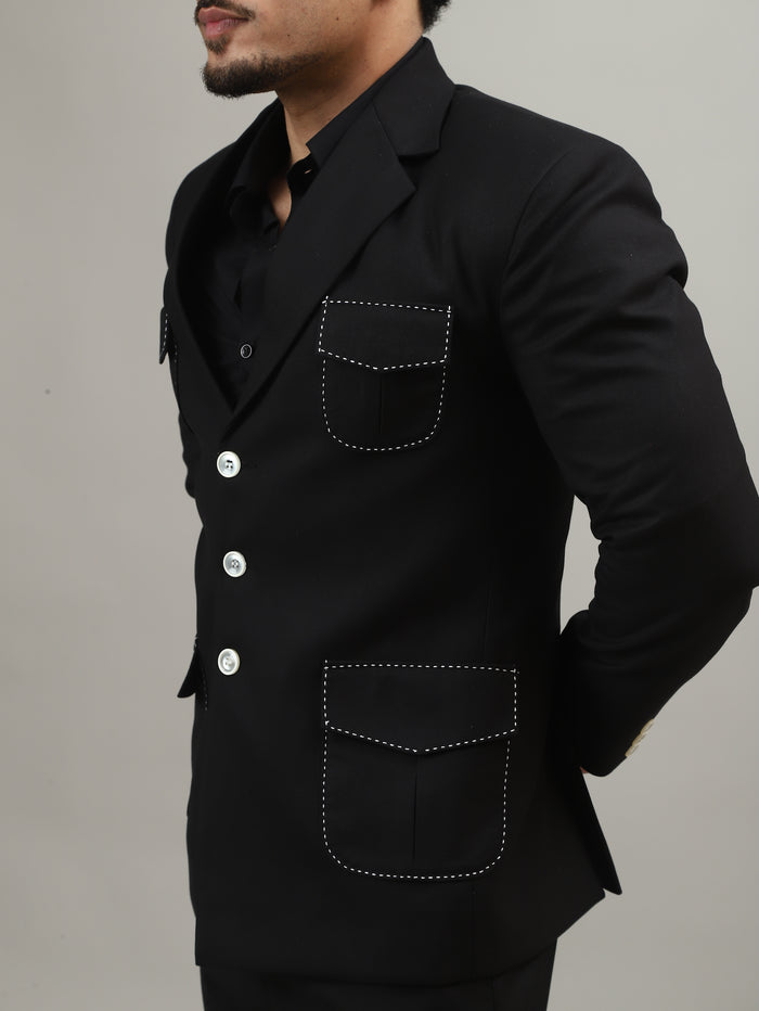 Black Celebration Blazer with Contrast Pocket Stitching