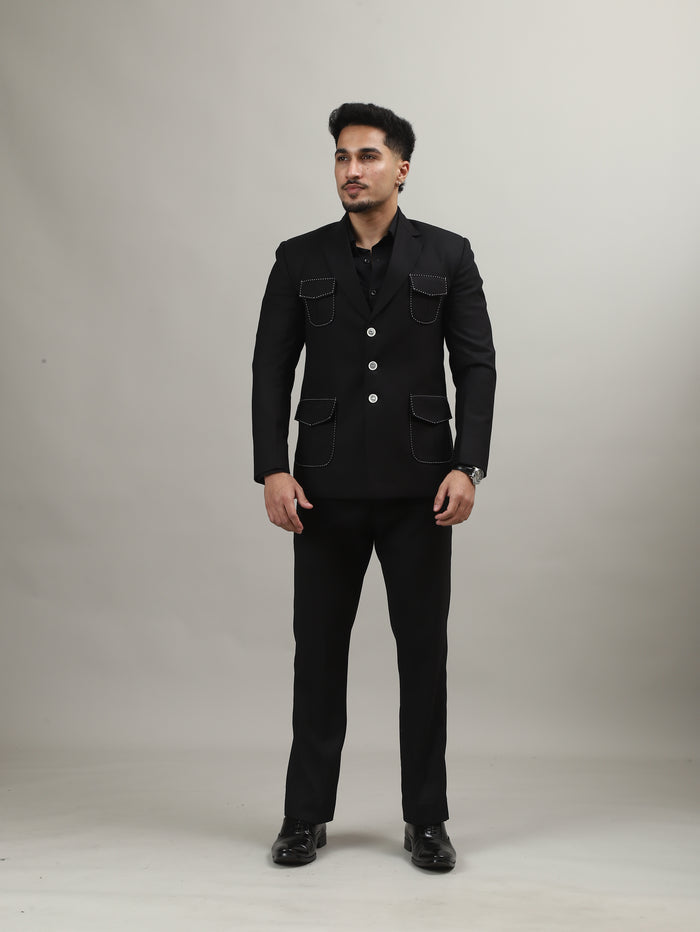 Black Celebration Blazer with Contrast Pocket Stitching