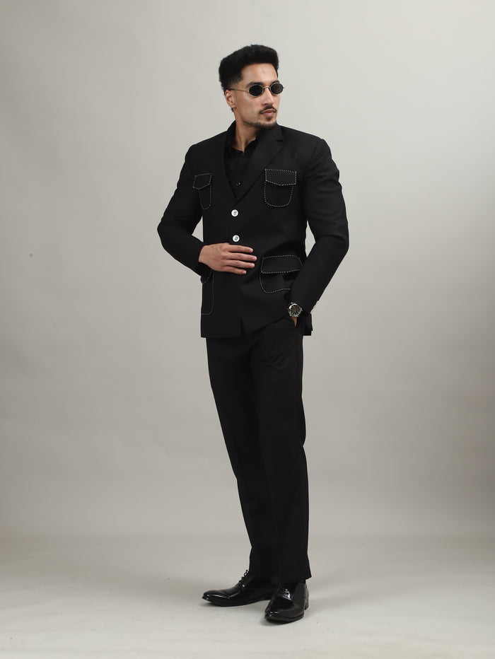 Black Celebration Blazer with Contrast Pocket Stitching