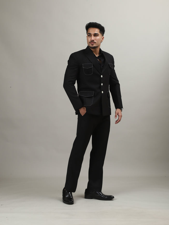 Black Celebration Blazer with Contrast Pocket Stitching