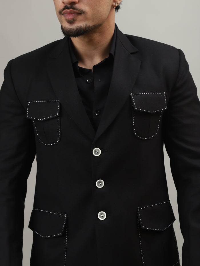 Black Celebration Blazer with Contrast Pocket Stitching