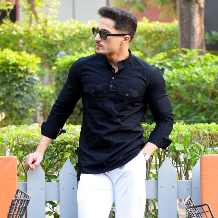 Black Colour Mandarin Collar Short Kurta