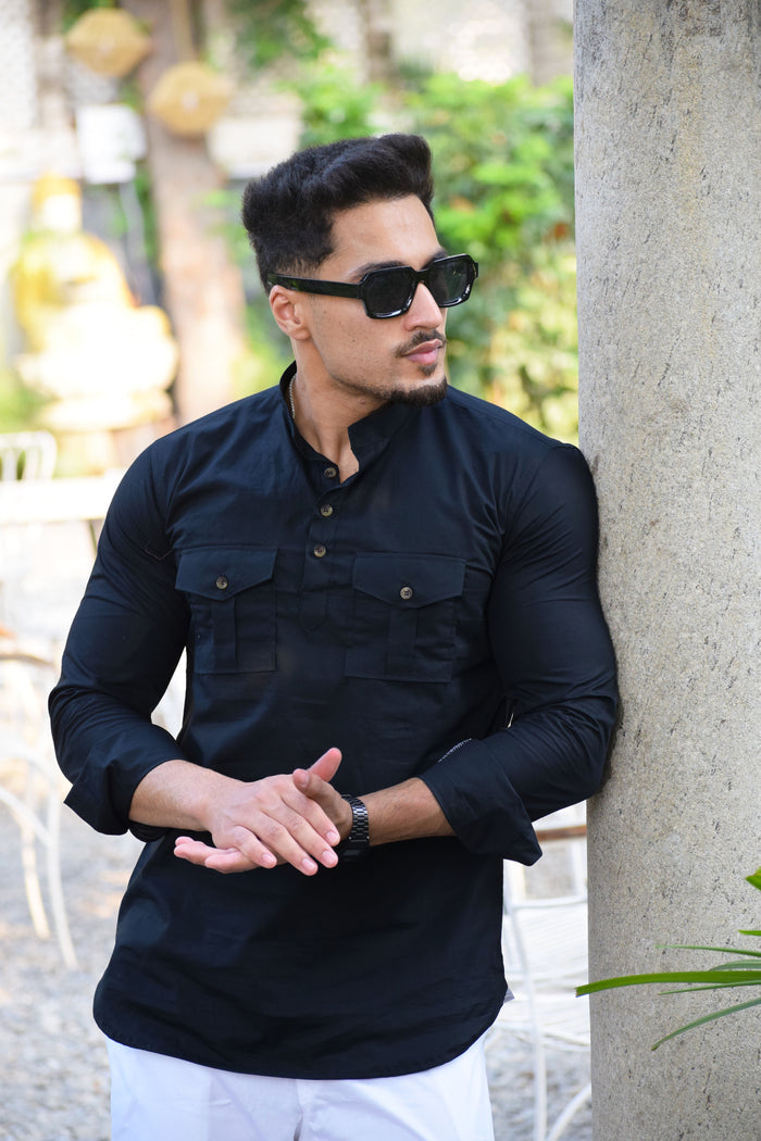Black Colour Mandarin Collar Short Kurta