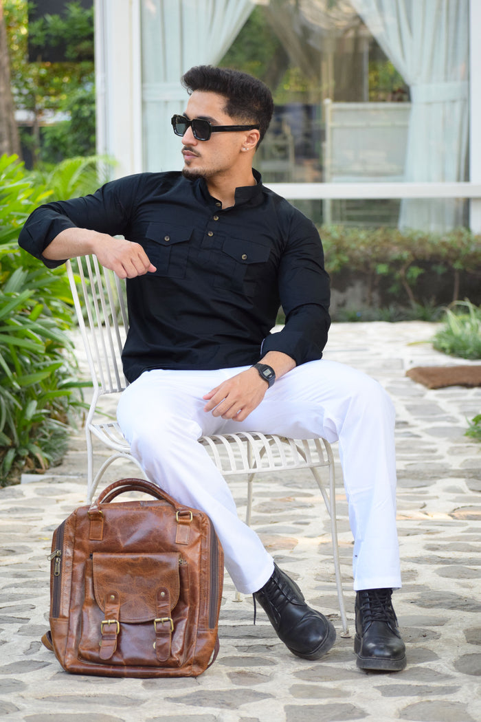 Black Colour Mandarin Collar Short Kurta