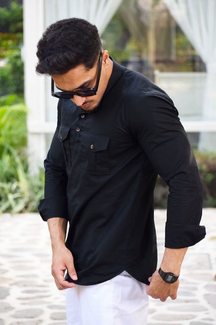 Black Colour Mandarin Collar Short Kurta