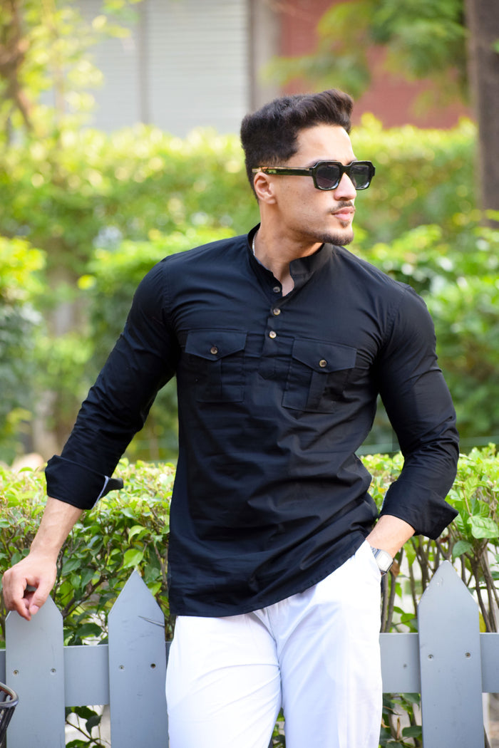 Black Colour Mandarin Collar Short Kurta
