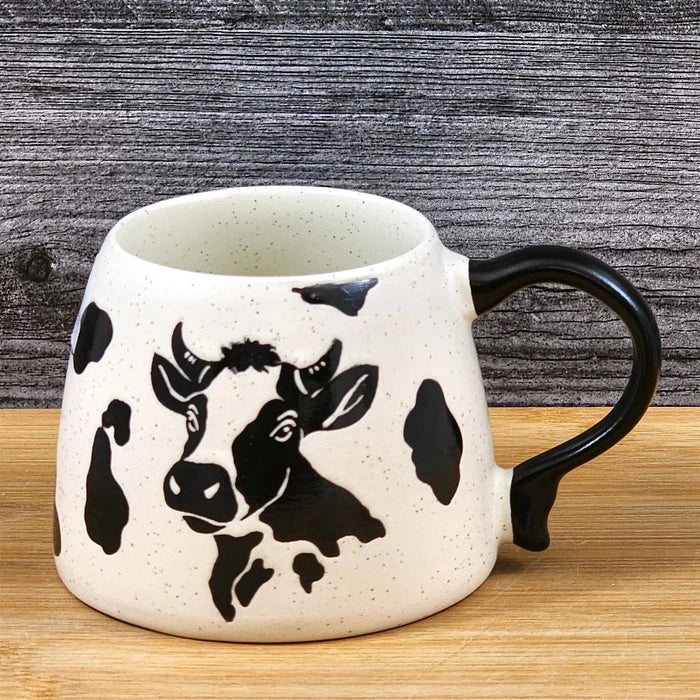 Black Cow Head Coffee Mug Ranch Farm Ceramic Embossed Tea Cup Blue Sky 18oz