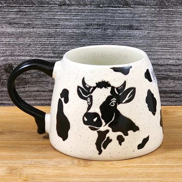Black Cow Head Coffee Mug Ranch Farm Ceramic Embossed Tea Cup Blue Sky 18oz