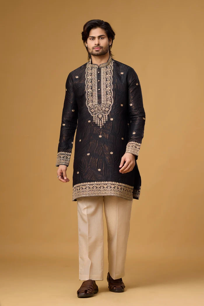 Black Goldwork Embroidered Kurta Set for Men | Mahavir NX