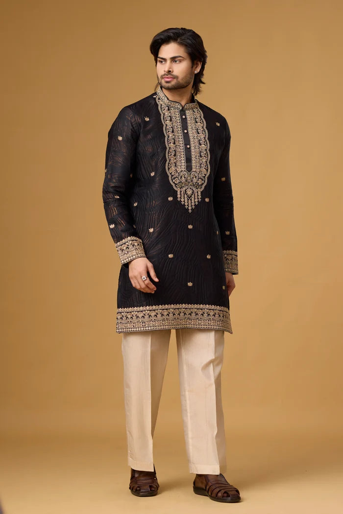 Black Heritage Embroidered Kurta with Gold Neckline Detail | Mahavir NX