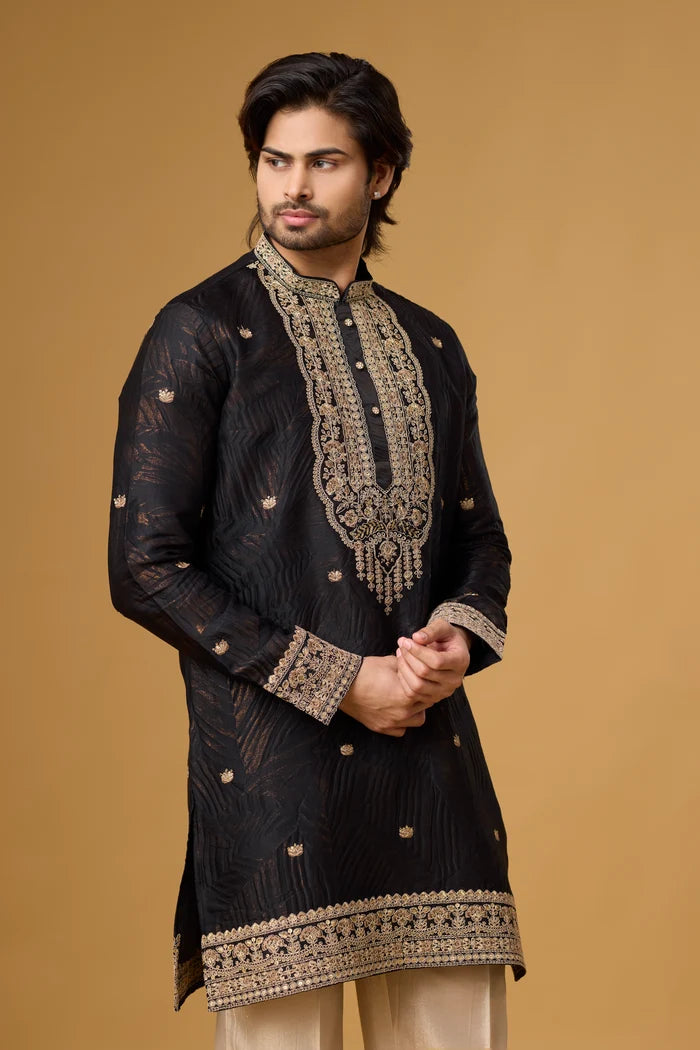 Buy Black Embroidered Kurta for Men Online India | Mahavir NX