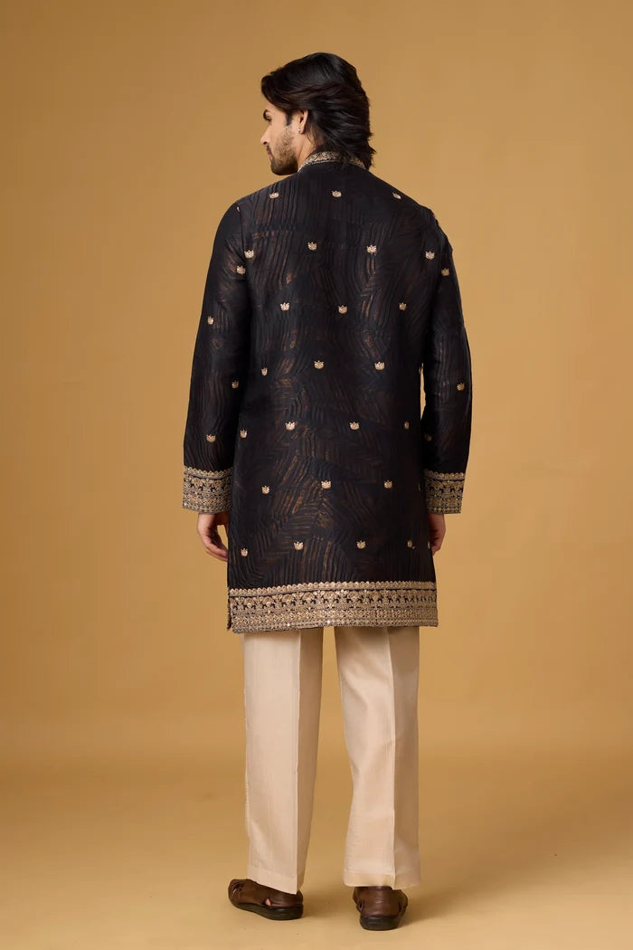 Designer Black Goldwork Kurta Set for Men – Side View | Mahavir NX