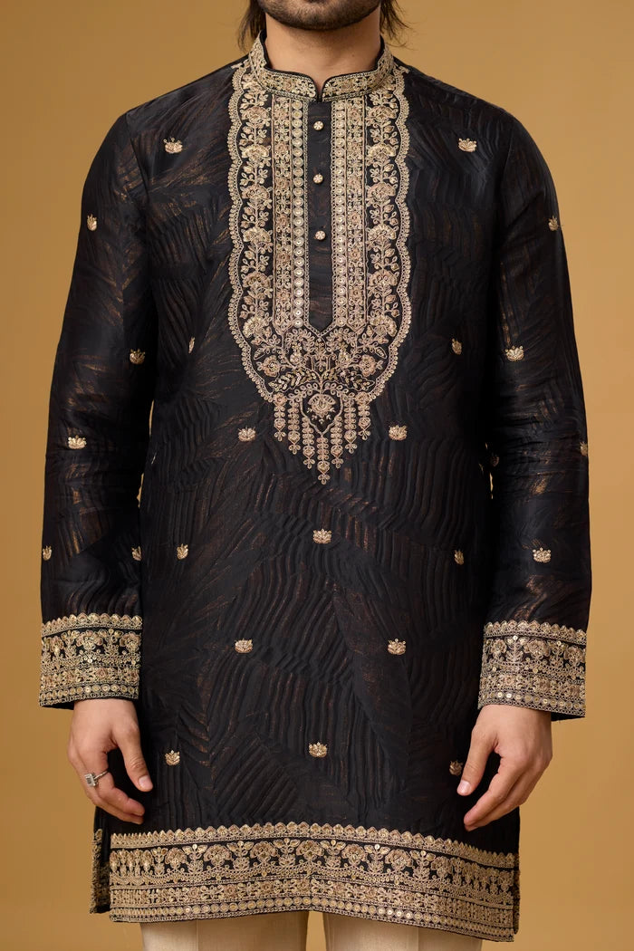 Black Party Wear Kurta for Men with Gold Embroidery | Mahavir NX