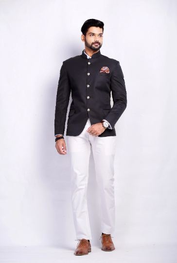 Black Jodhpuri Bandhgala Suit with White Trouser