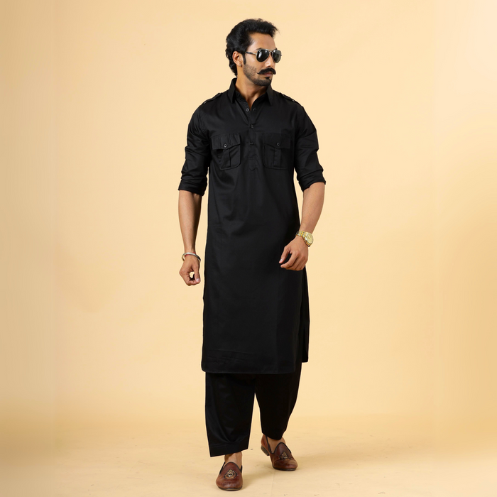 Black Pathani Kurta Pajama Set for Men