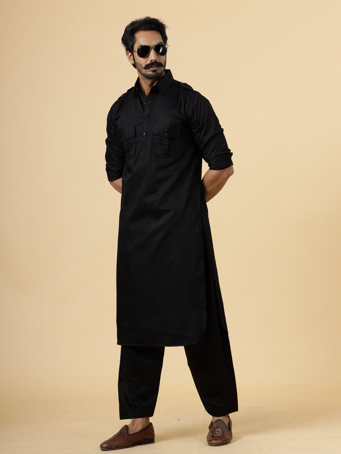 Black Pathani Kurta Pajama Set for Men