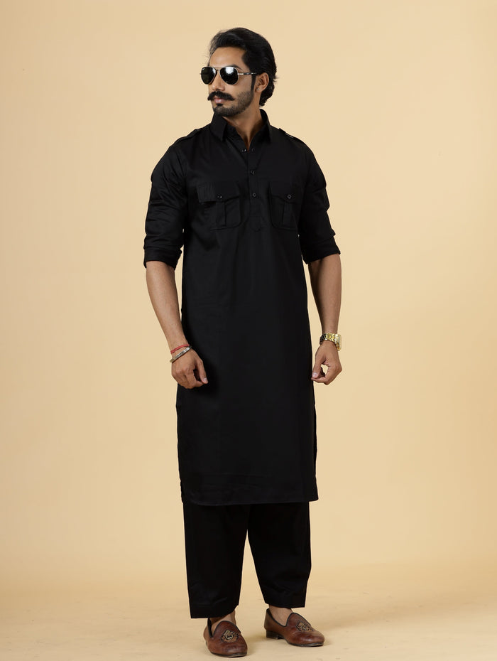 Black Pathani Kurta Pajama Set for Men