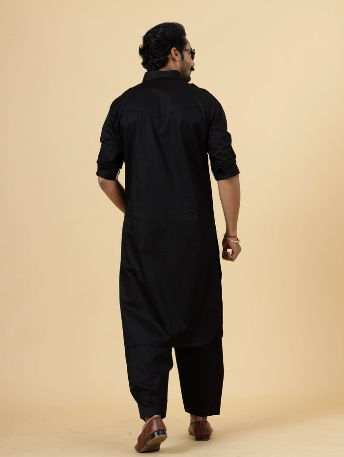 Black Pathani Kurta Pajama Set for Men