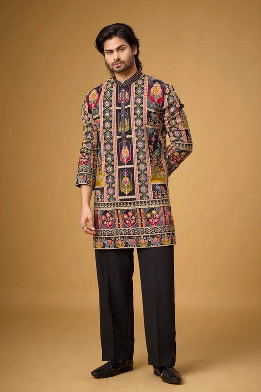 Black Regal Tapestry Embroidered Kurta Set for Men | Mahavir NX
