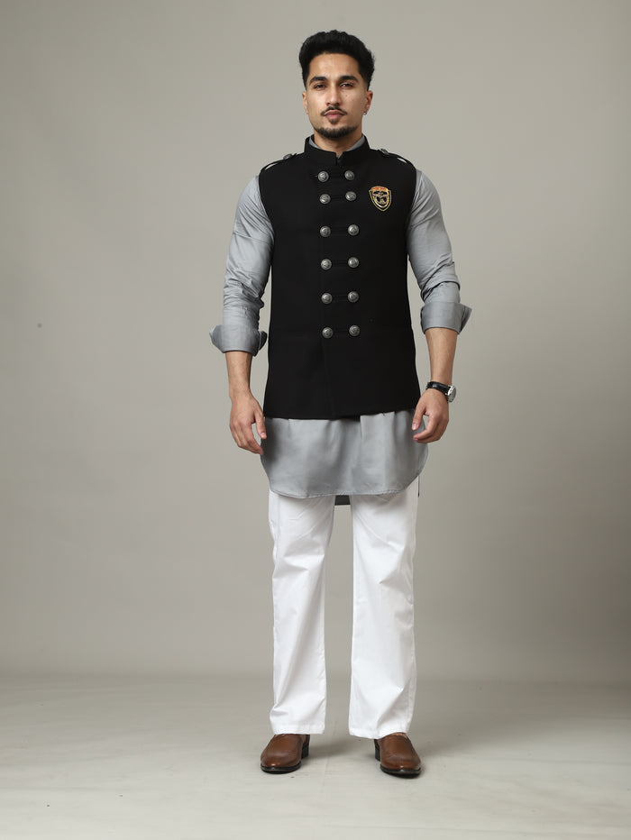Black Royale Suede Waistcoat with Crest Buttons