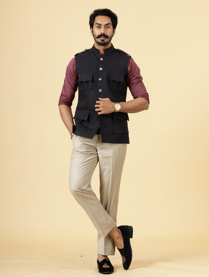 Black Semi-Hunting Rajputana Jacket