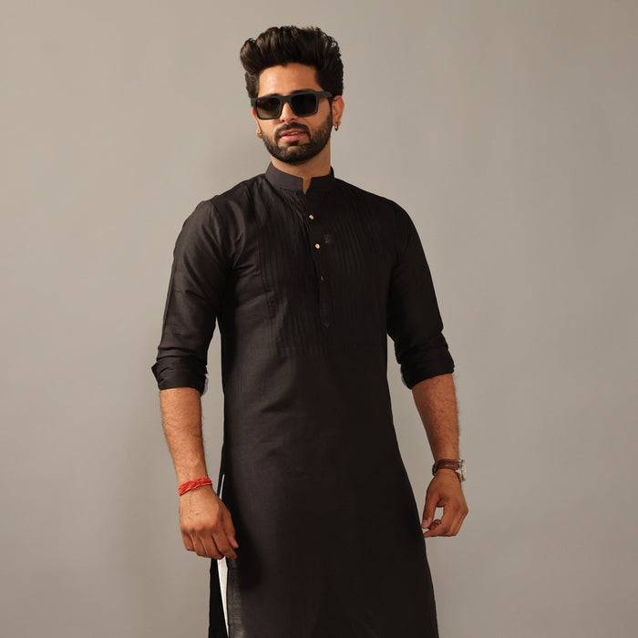 Black Silk Pleated Kurta Pajama Set