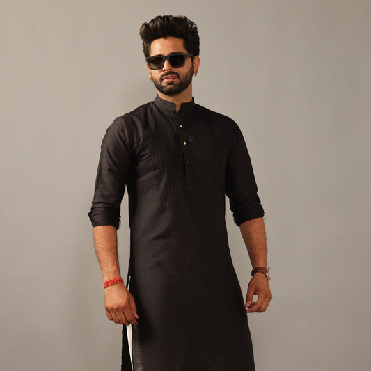 Black Silk Pleated Kurta Pajama Set
