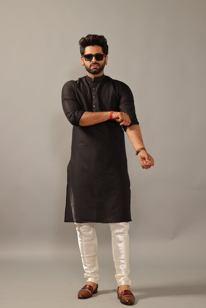 Black Silk Pleated Kurta Pajama Set