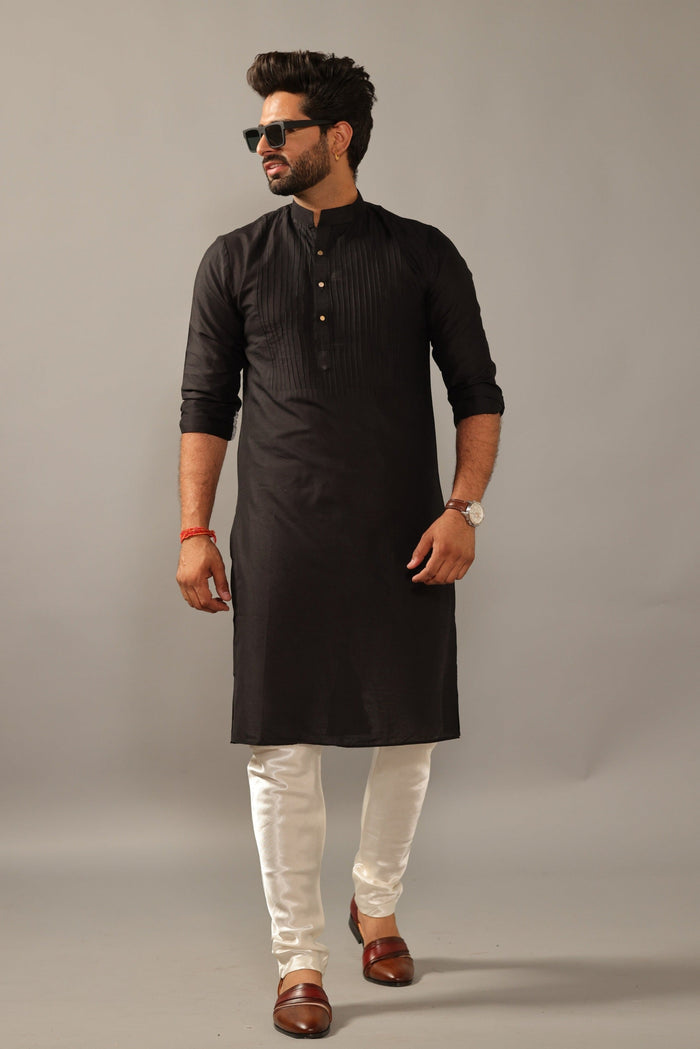 Black Silk Pleated Kurta Pajama Set