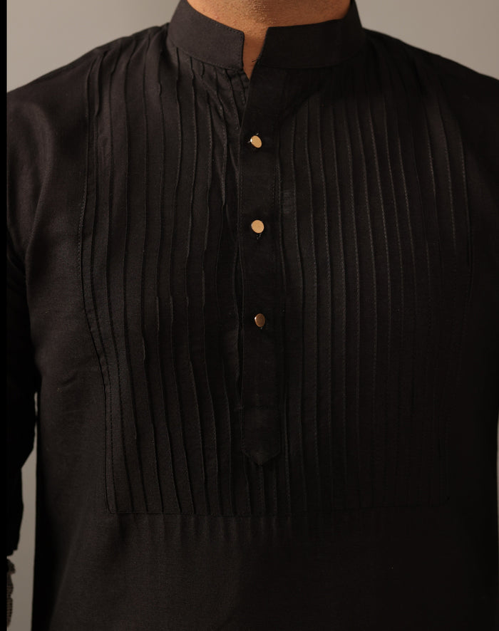 Black Silk Pleated Kurta Pajama Set