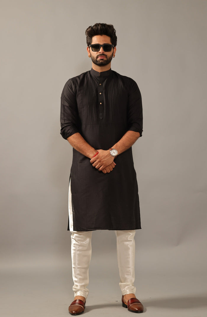 Black Silk Pleated Kurta Pajama Set