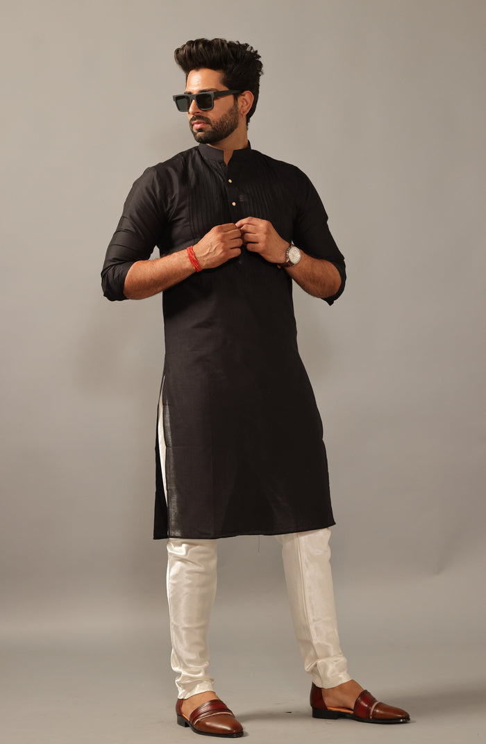 Black Silk Pleated Kurta Pajama Set