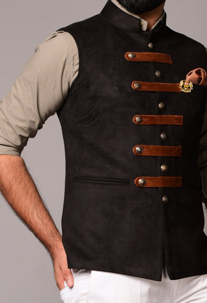Black Suede Leather Cross Breasted Half Jacket