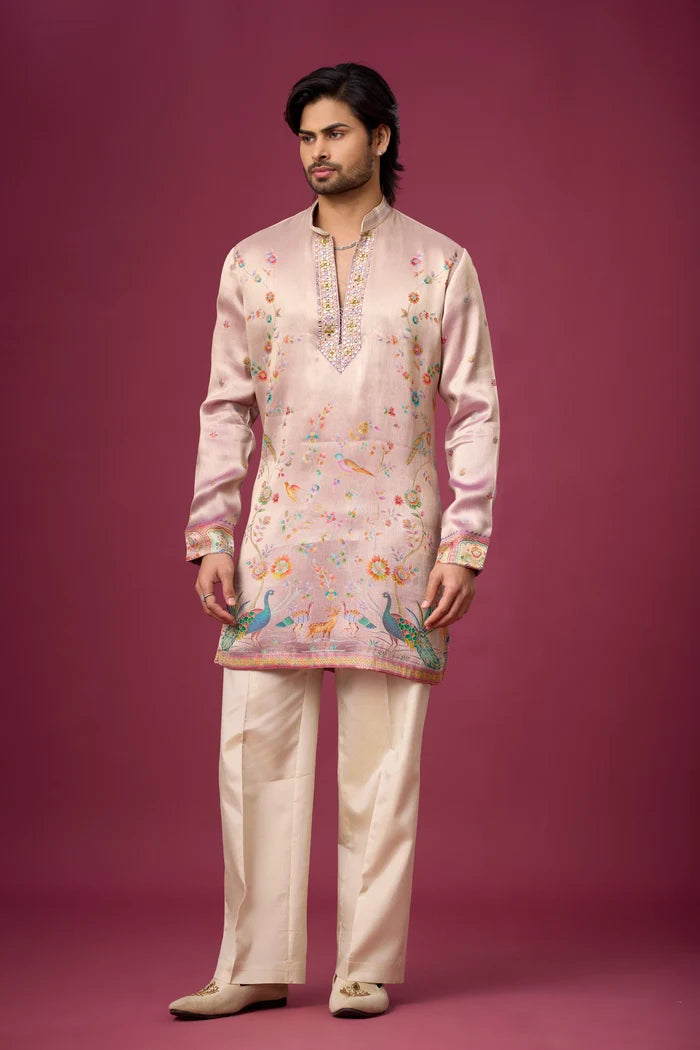 Kurta Set Gift for Men Online – Blush Pink Peacock Heritage | Mahavir NX