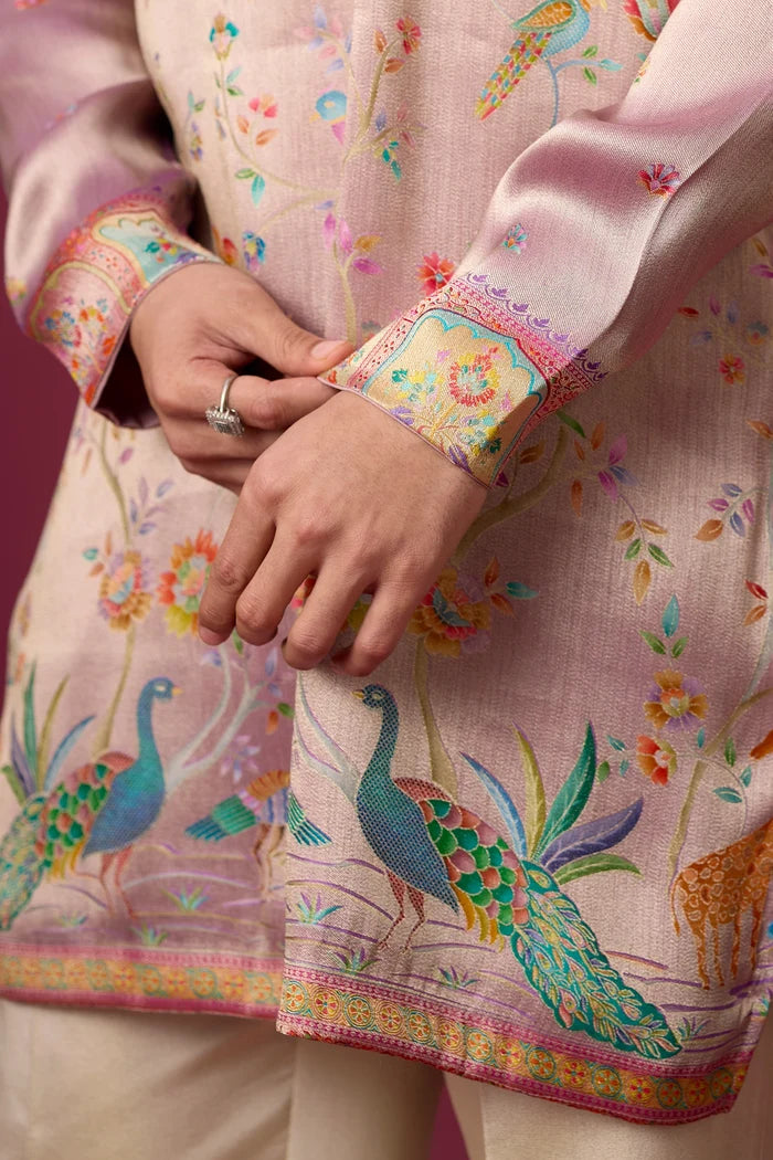 Blush Pink Peacock Heritage Kurta Set for Men – Full Length View | Mahavir NX