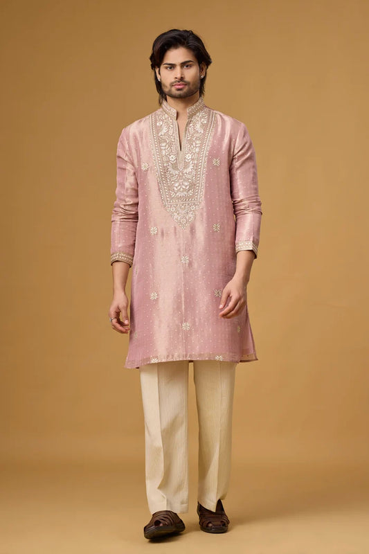 Blush Rose Floral Embroidered Kurta Set for Men | Mahavir NX