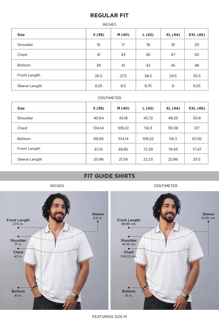 Bolt White Cotton Polo T-Shirt size chart