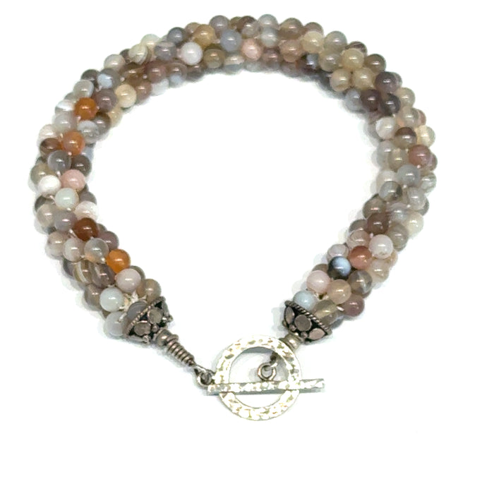 Botswana Agate Bulgarian Crochet Bracelet | Sterling Silver Hammered Circle Toggle | 7.5 In | Handmade | Boston | Comfort and Emotional Healing | Reiki Charged