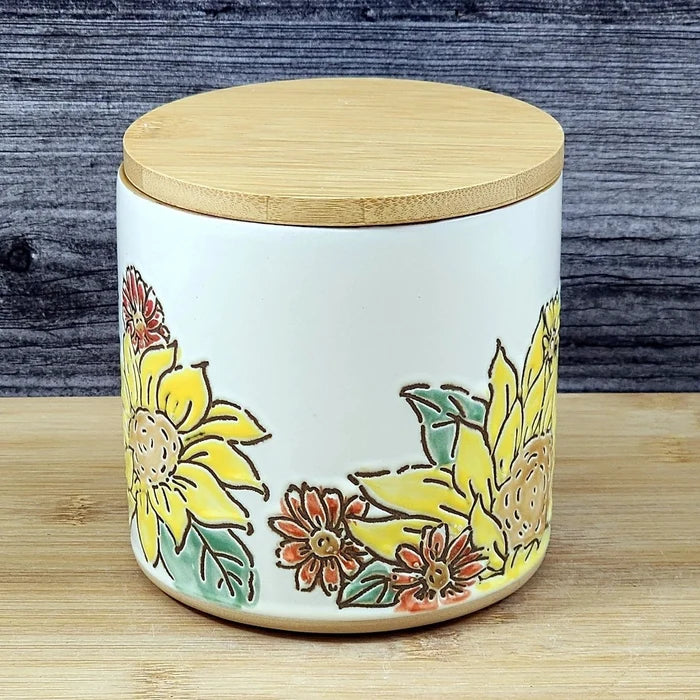 Brandywine Sunflower Canister & Bamboo Lid Embossed 4" Ceramic Jar Blue Sky