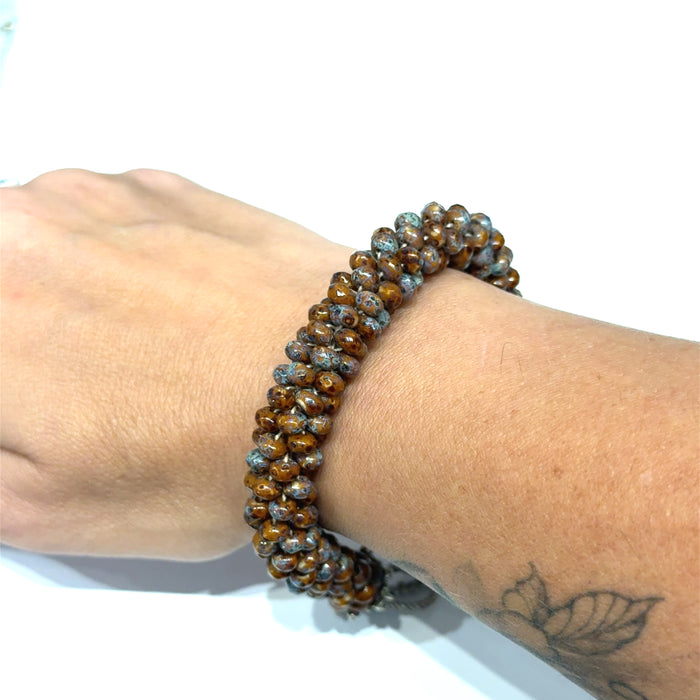 Brown Ceramic Crocheted Bracelet, Size 7, Blue and Black Accents, Sterling Silver Toggle