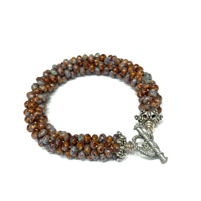Brown Ceramic Crocheted Bracelet, Size 7, Blue and Black Accents, Sterling Silver Toggle