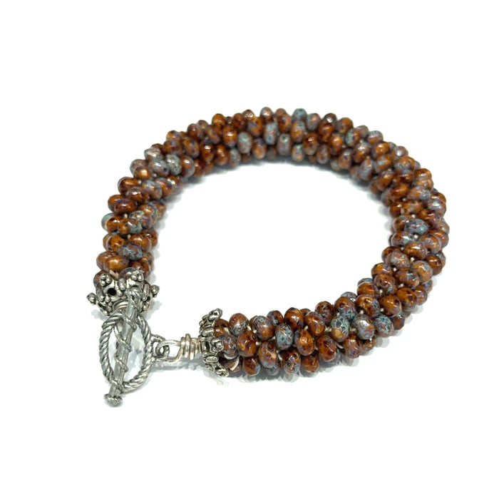 Brown Ceramic Crocheted Bracelet, Size 7, Blue and Black Accents, Sterling Silver Toggle