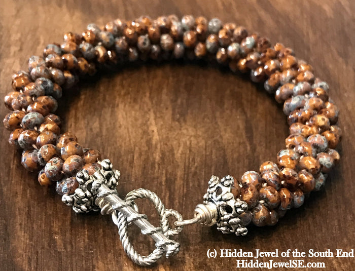 Brown Ceramic Crocheted Bracelet, Size 7, Blue and Black Accents, Sterling Silver Toggle