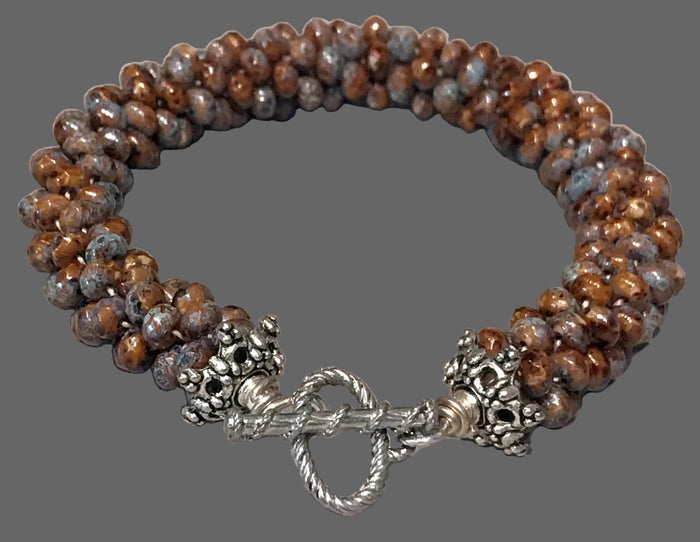 Brown Ceramic Crocheted Bracelet, Size 7, Blue and Black Accents, Sterling Silver Toggle