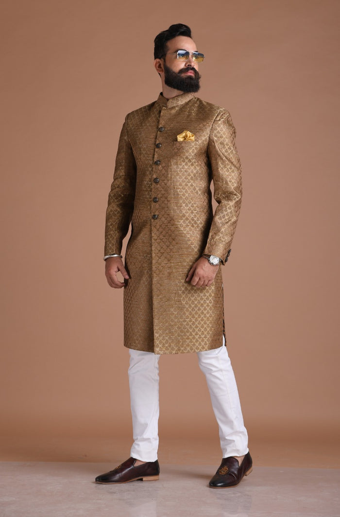 Brown Royal Leaf Pattern Brocade Silk Sherwani